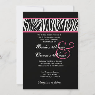 Black White with Pink Zebra Wedding Metallic Paper Invitation