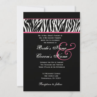 Black White with Pink Zebra Wedding Metallic Paper Invitation