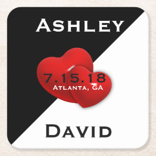 Black White with Red Heart Save The Date Coaster