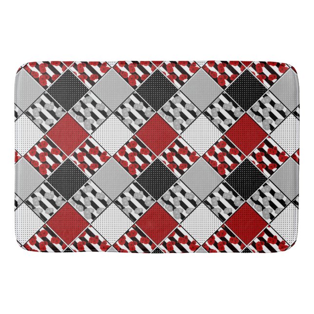 Black white with red retro patchwork bath mat (Front)