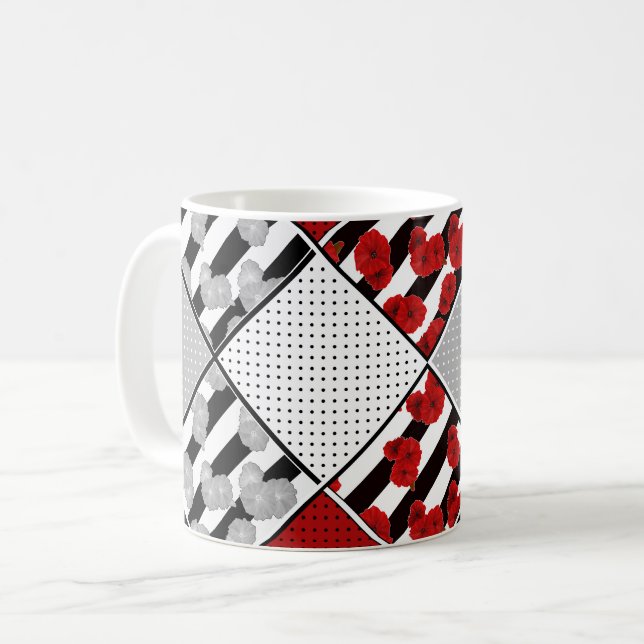 Black white with red retro patchwork coffee mug (Front Left)