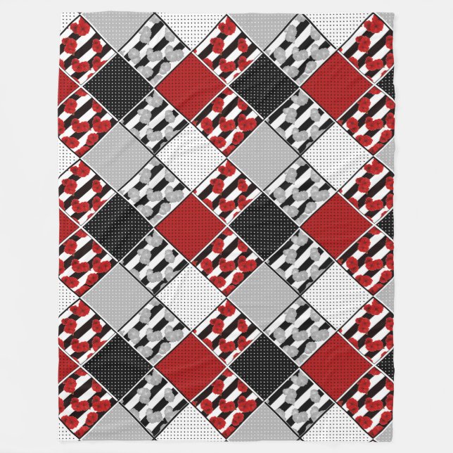 Black white with red retro patchwork fleece blanket (Front)