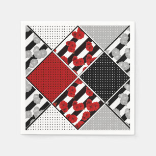 Black white with red retro patchwork napkin