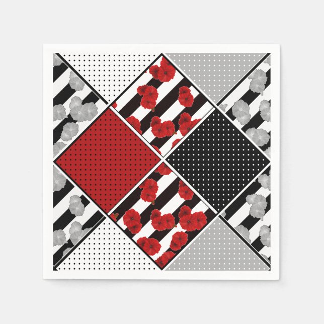 Black white with red retro patchwork napkin (Front)
