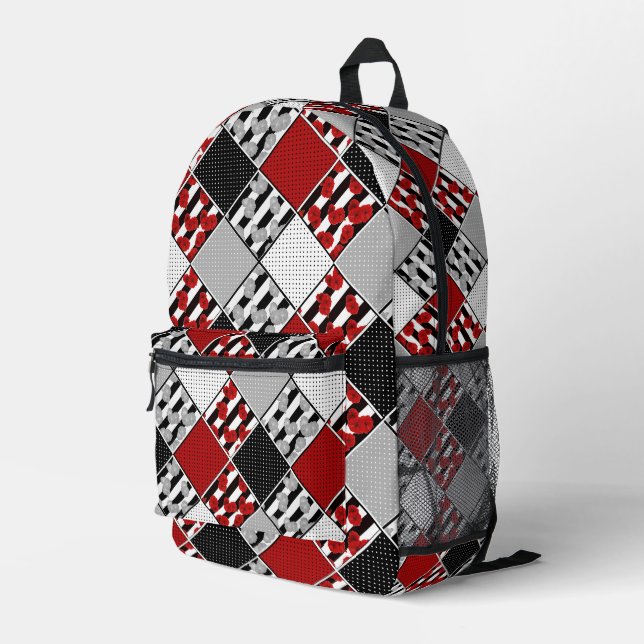 Black white with red retro patchwork printed backpack (Back Corner Right)