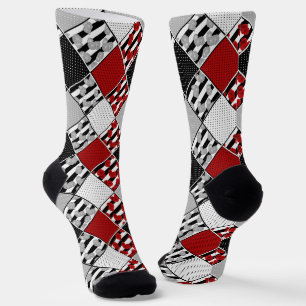 Black white with red retro patchwork socks