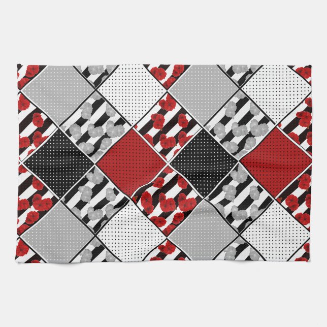 Black white with red retro patchwork tea towel (Horizontal)