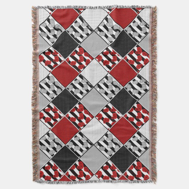 Black white with red retro patchwork throw blanket (Front Vertical)