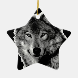 Black & White Wolf Artwork Ceramic Ornament