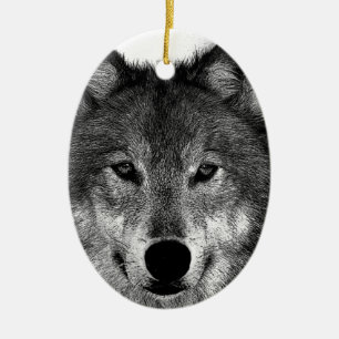 Black & White Wolf Artwork Ceramic Ornament