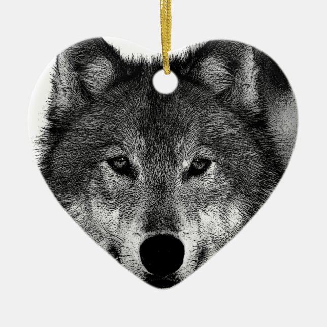 Black & White Wolf Artwork Ceramic Ornament (Front)