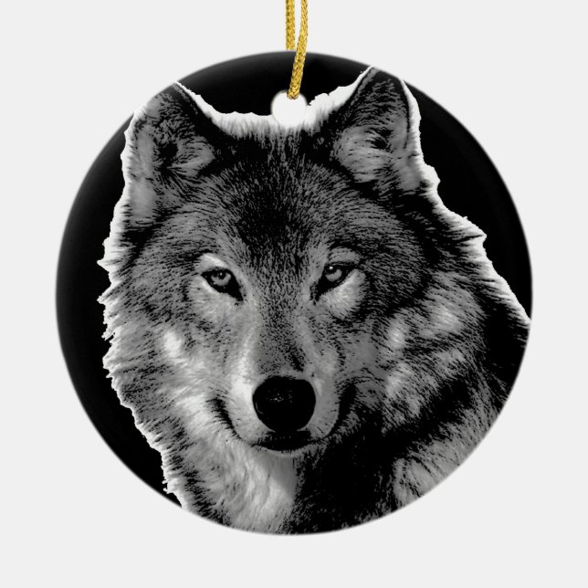 Black & White Wolf Artwork Ceramic Ornament (Front)