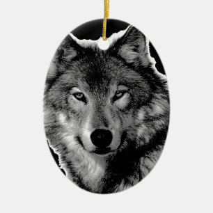 Black & White Wolf Artwork Ceramic Tree Decoration