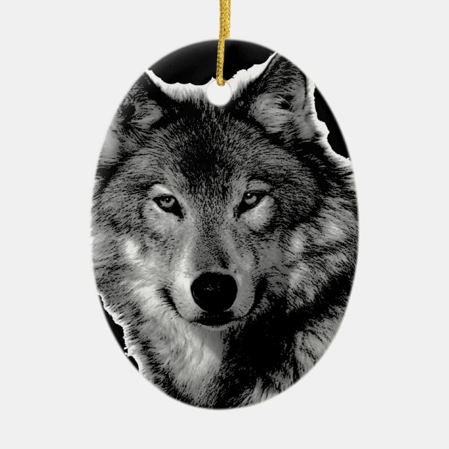 Black & White Wolf Artwork Ceramic Tree Decoration (Front)