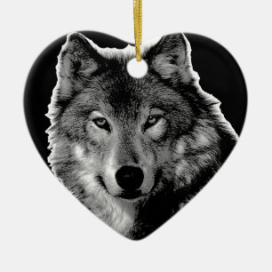 Black & White Wolf Artwork Ceramic Tree Decoration