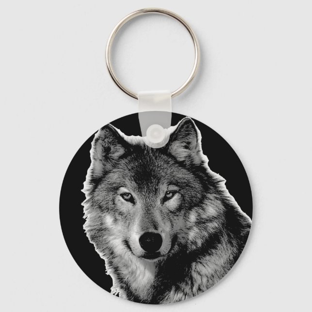 Black & White Wolf Artwork Key Ring (Front)
