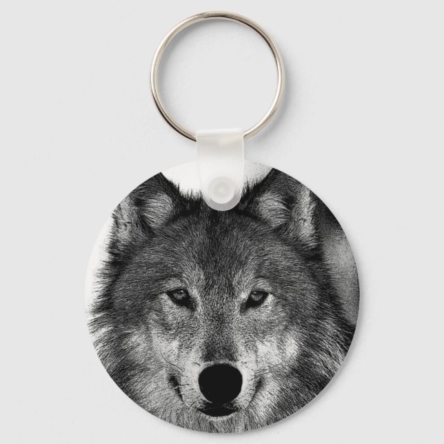 Black & White Wolf Artwork Key Ring (Front)