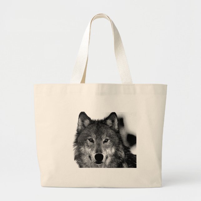 Black & White Wolf Artwork Large Tote Bag (Front)
