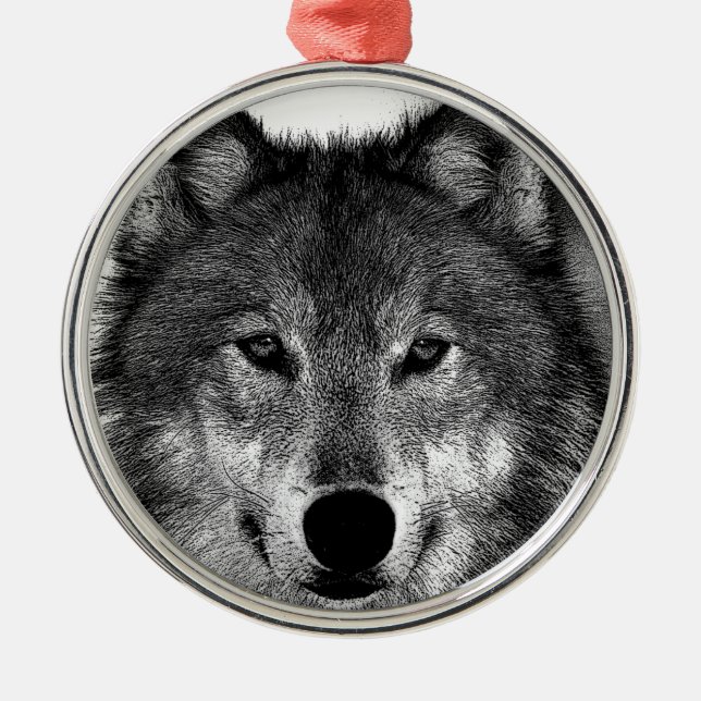 Black & White Wolf Artwork Metal Tree Decoration (Front)