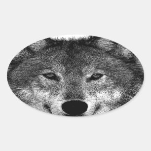 Black & White Wolf Artwork Oval Sticker