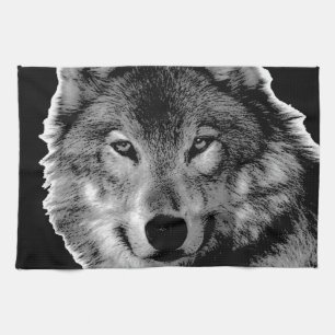Black & White Wolf Artwork Tea Towel