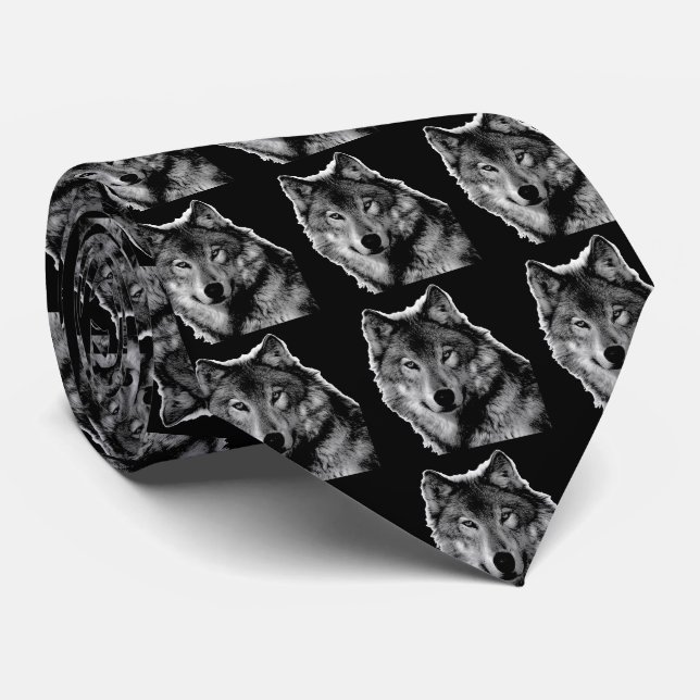 Black & White Wolf Artwork Tie (Rolled)