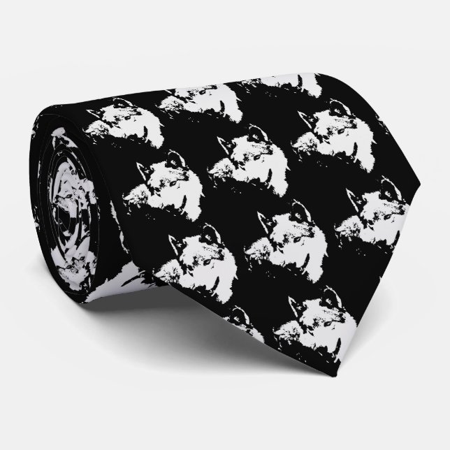 Black & White Wolf Artwork Tie (Rolled)