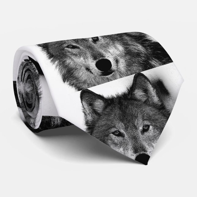 Black & White Wolf Artwork Tie (Rolled)