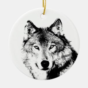 Black & White Wolf Ceramic Tree Decoration