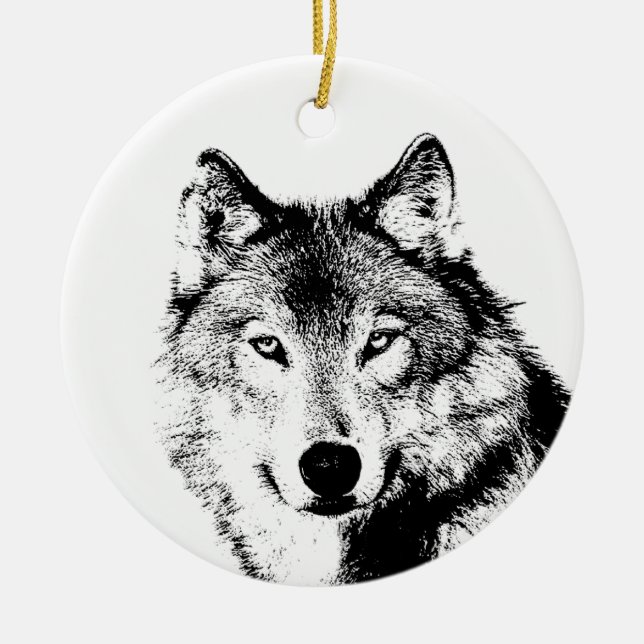 Black & White Wolf Ceramic Tree Decoration (Front)