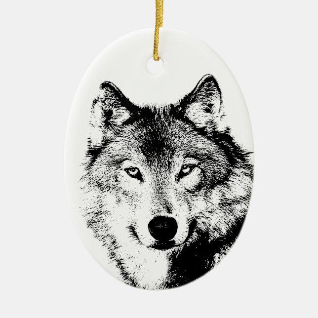 Black & White Wolf Ceramic Tree Decoration (Front)