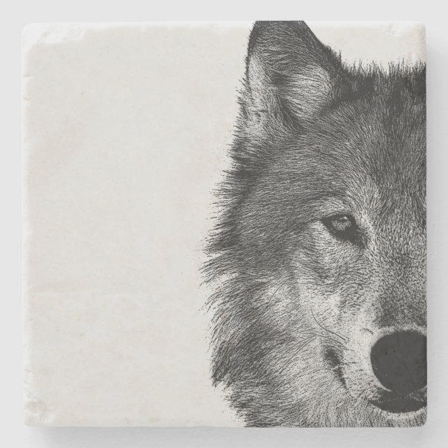 Black & White Wolf Eye Artwork Stone Coaster (Front)