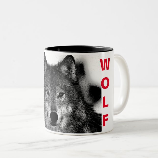 Black & White Wolf Eye Artwork Two-Tone Coffee Mug (Front Right)