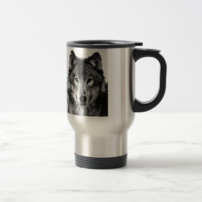Black & White Wolf Eyes Travel Mugs (Right)