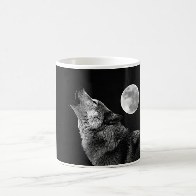 Black White Wolf Howling at Moon Coffee Mug (Center)