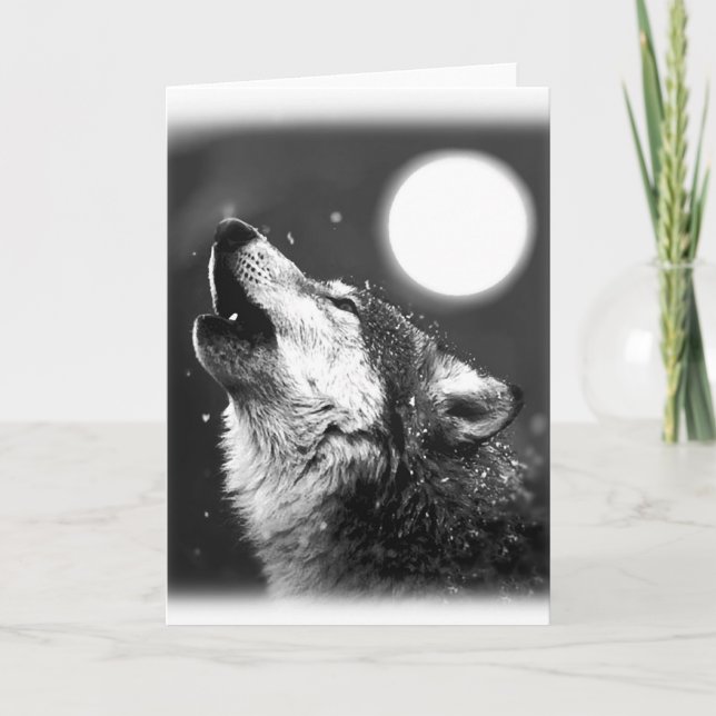 Black & White Wolf Howling at Moon Greeting Card (Front)