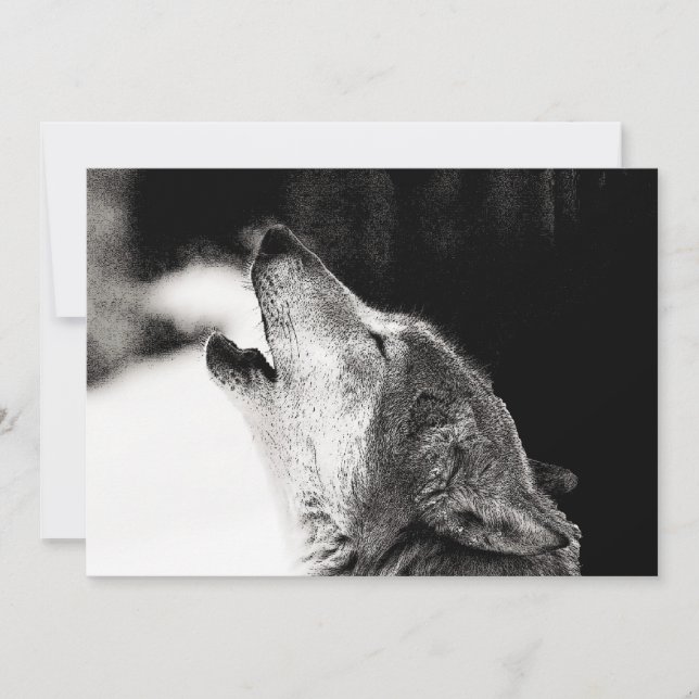 Black & White Wolf Howling at Moon Invitation (Front)