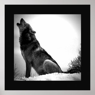 Black & White Wolf Howling at Moon Poster Print