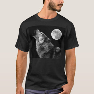 Black White Wolf Howling at Moon T-Shirt