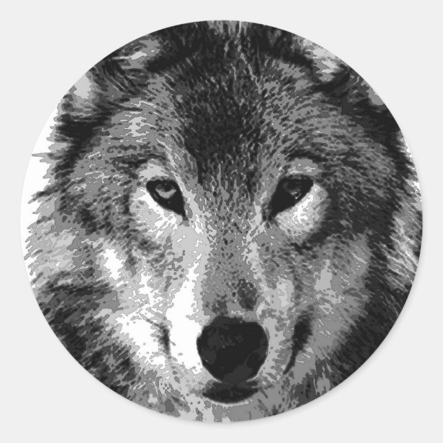 Black & White Wolf Portrait Classic Round Sticker (Front)