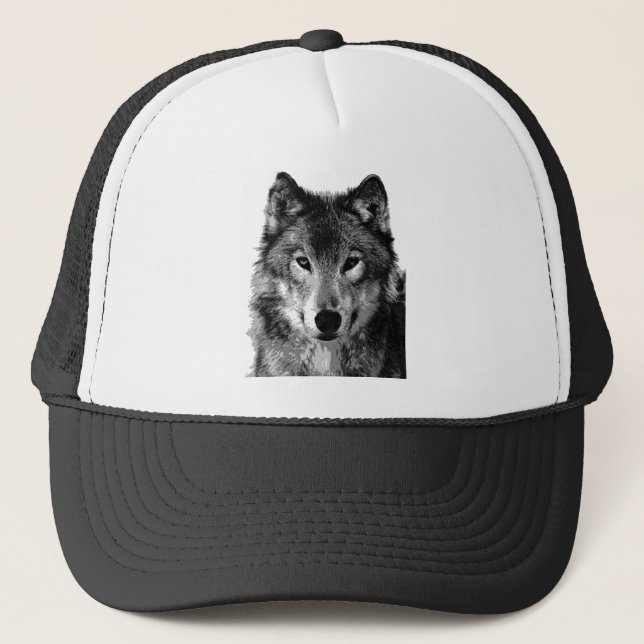 Black & White Wolf Portrait Trucker Hat (Front)