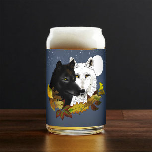 Black White Wolves Moonlight Autumn Leaves Can Glass