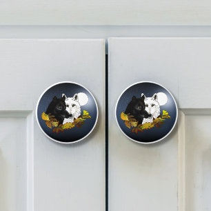 Black White Wolves Moonlight Autumn Leaves Ceramic Knob