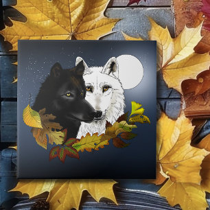 Black White Wolves Moonlight Autumn Leaves Ceramic Tile