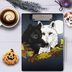 Black White Wolves Moonlight Autumn Leaves Clipboard