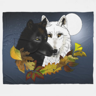 Black White Wolves Moonlight Autumn Leaves Fleece Blanket