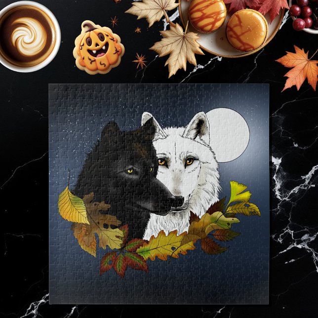 Black White Wolves Moonlight Autumn Leaves Jigsaw Puzzle (Creator Uploaded)
