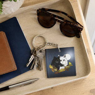 Black White Wolves Moonlight Autumn Leaves Key Ring