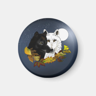 Black White Wolves Moonlight Autumn Leaves Magnet