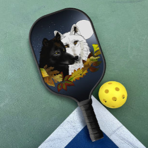 Black White Wolves Moonlight Autumn Leaves Pickleball Paddle